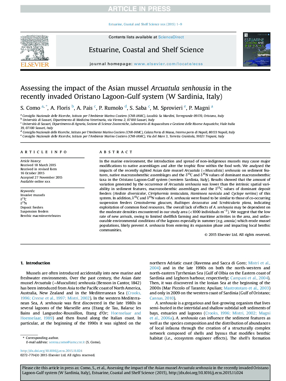 Assessing the impact of the Asian mussel Arcuatula senhousia in the recently invaded Oristano Lagoon-Gulf system (W Sardinia, Italy)