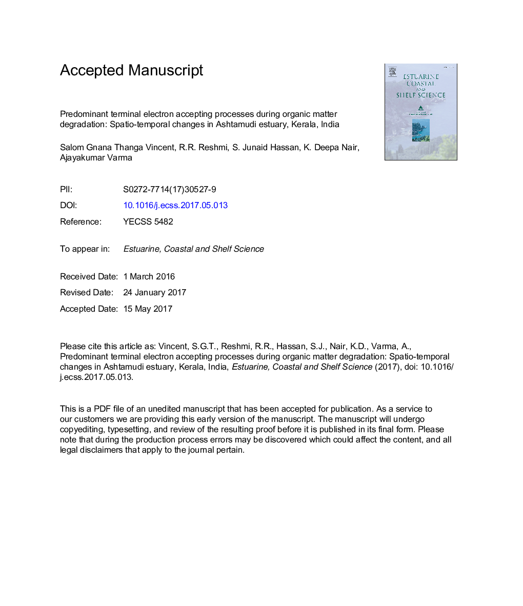 Predominant terminal electron accepting processes during organic matter degradation: Spatio-temporal changes in Ashtamudi estuary, Kerala, India