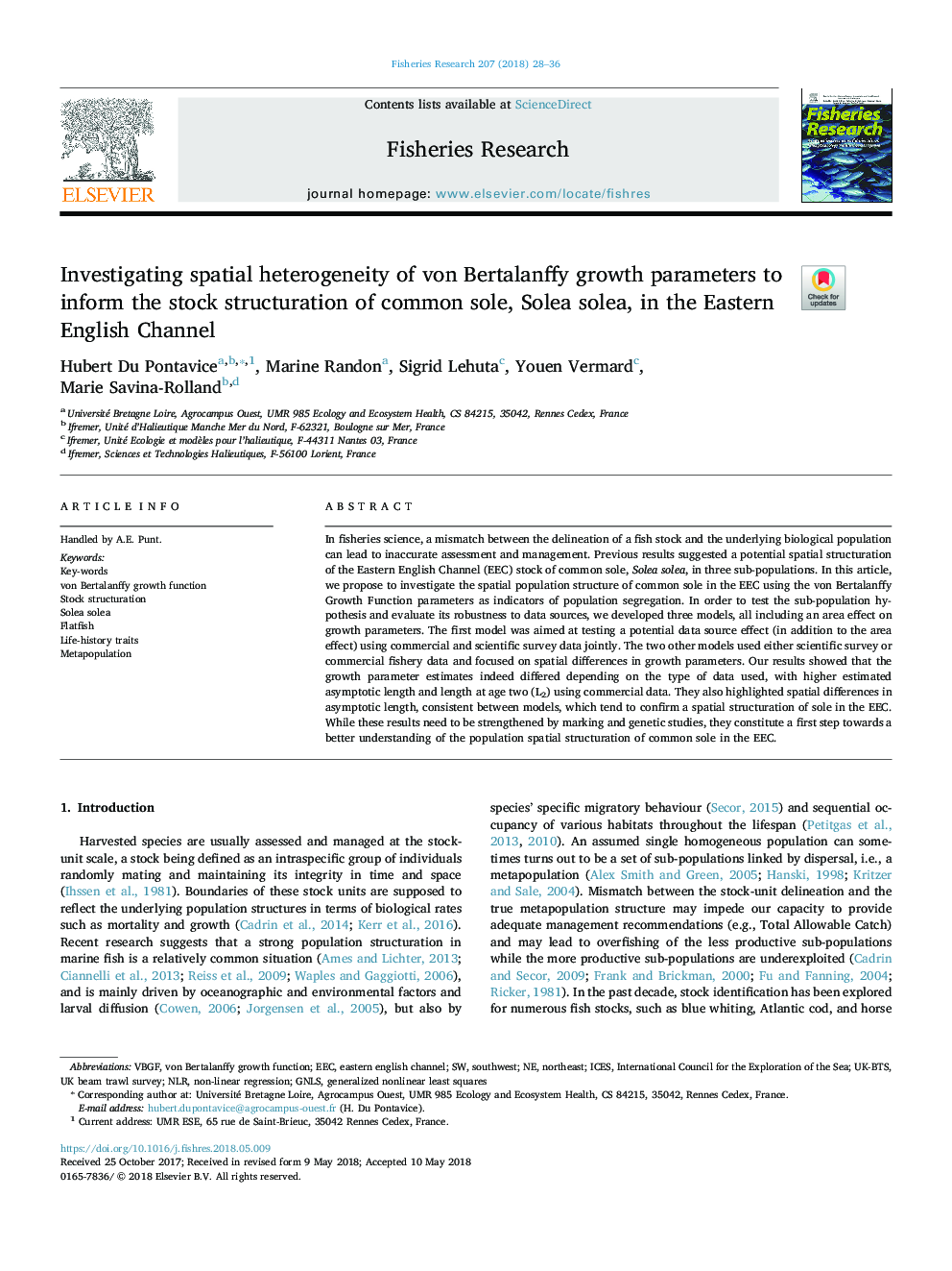 Investigating spatial heterogeneity of von Bertalanffy growth parameters to inform the stock structuration of common sole, Solea solea, in the Eastern English Channel