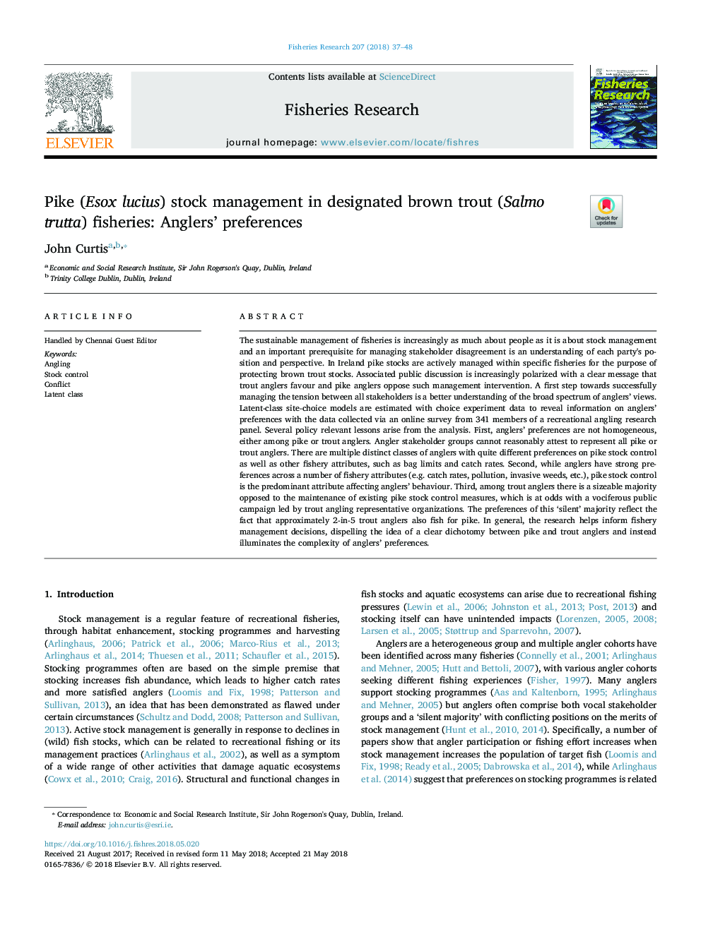 Pike (Esox lucius) stock management in designated brown trout (Salmo trutta) fisheries: Anglers' preferences
