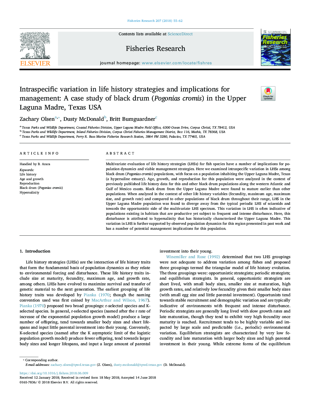 Intraspecific variation in life history strategies and implications for management: A case study of black drum (Pogonias cromis) in the Upper Laguna Madre, Texas USA
