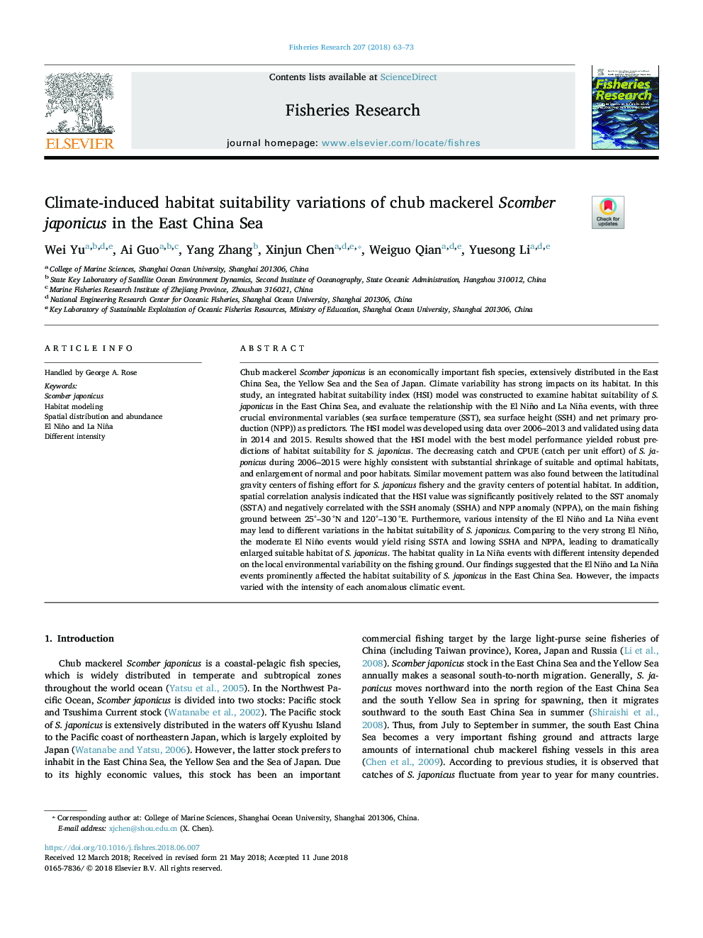 Climate-induced habitat suitability variations of chub mackerel Scomber japonicus in the East China Sea