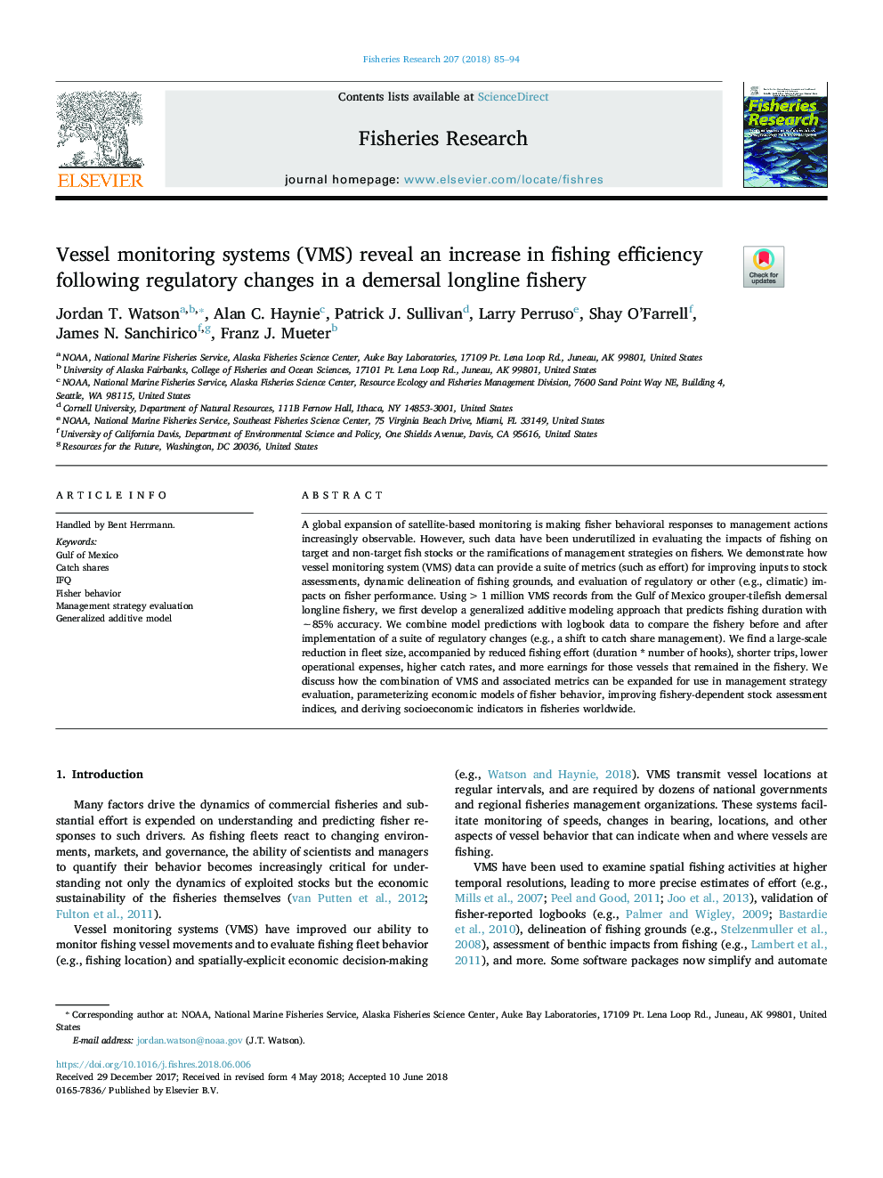 Vessel monitoring systems (VMS) reveal an increase in fishing efficiency following regulatory changes in a demersal longline fishery