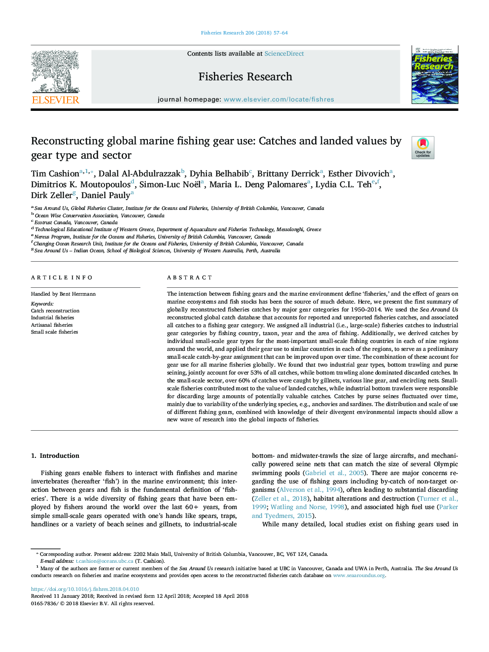 Reconstructing global marine fishing gear use: Catches and landed values by gear type and sector