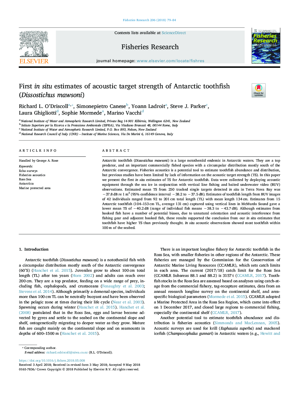 First in situ estimates of acoustic target strength of Antarctic toothfish (Dissostichus mawsoni)