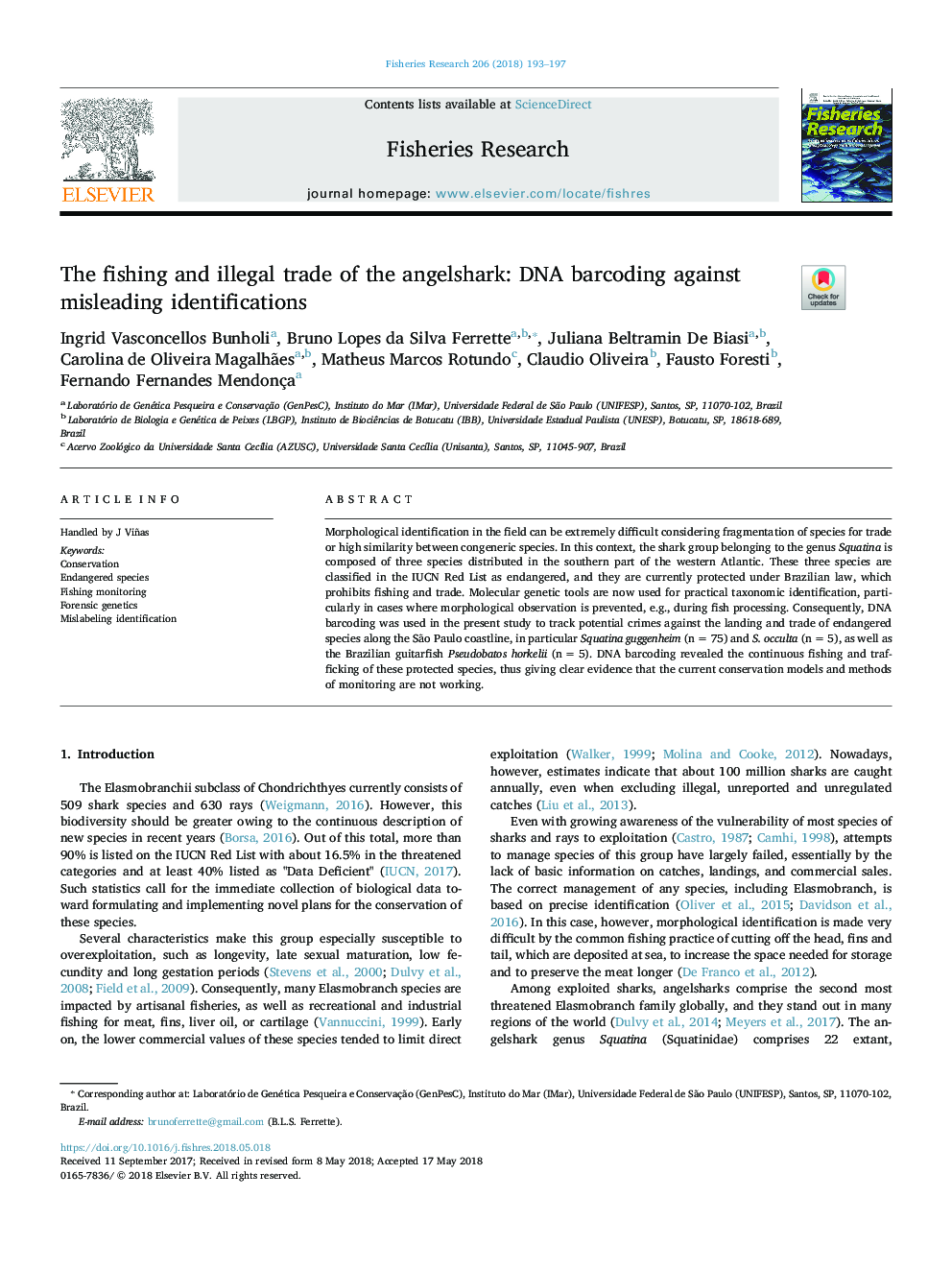 The fishing and illegal trade of the angelshark: DNA barcoding against misleading identifications