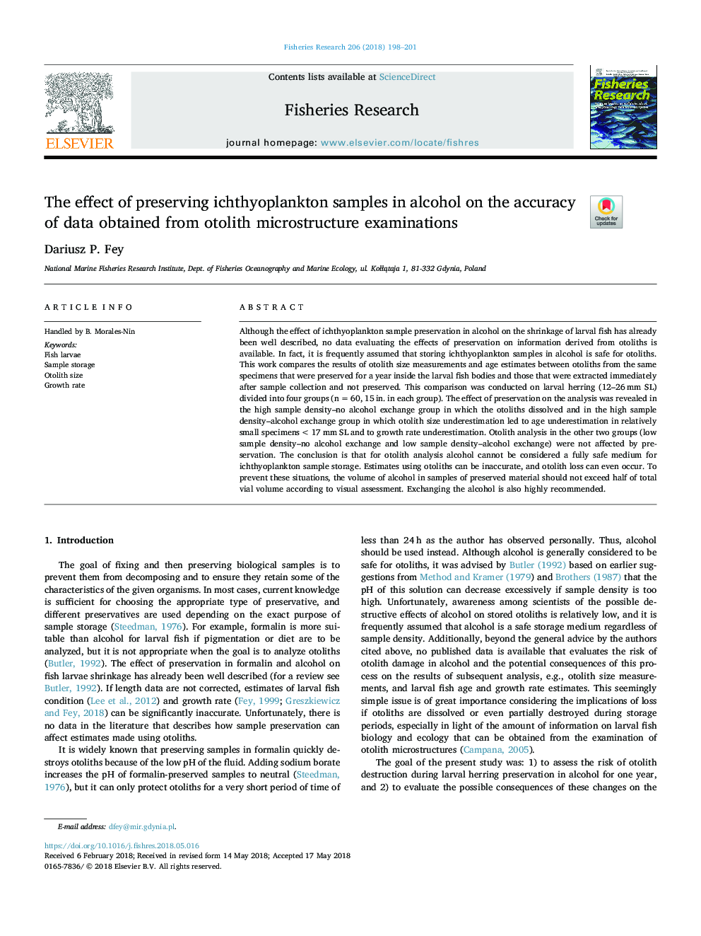 The effect of preserving ichthyoplankton samples in alcohol on the accuracy of data obtained from otolith microstructure examinations