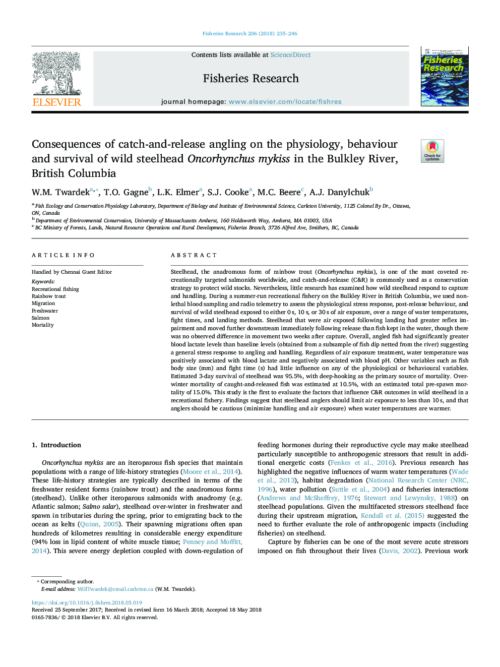 Consequences of catch-and-release angling on the physiology, behaviour and survival of wild steelhead Oncorhynchus mykiss in the Bulkley River, British Columbia