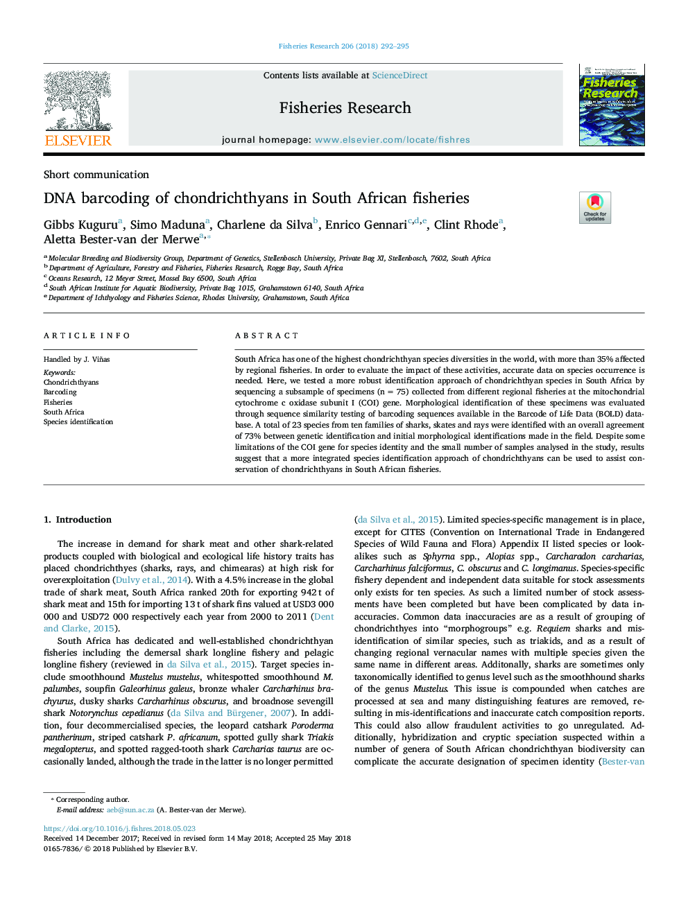 DNA barcoding of chondrichthyans in South African fisheries