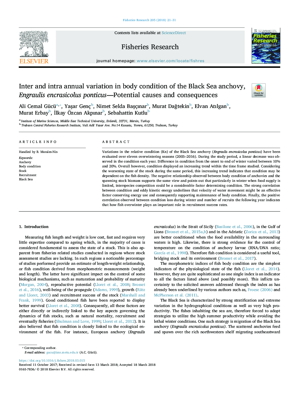 Inter and intra annual variation in body condition of the Black Sea anchovy, Engraulis encrasicolus ponticus-Potential causes and consequences