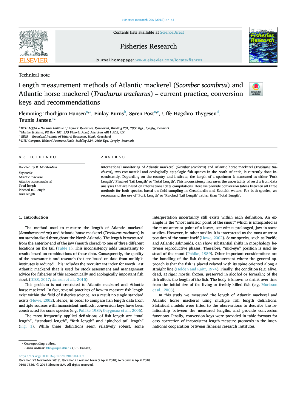 Length measurement methods of Atlantic mackerel (Scomber scombrus) and Atlantic horse mackerel (Trachurus trachurus) - current practice, conversion keys and recommendations