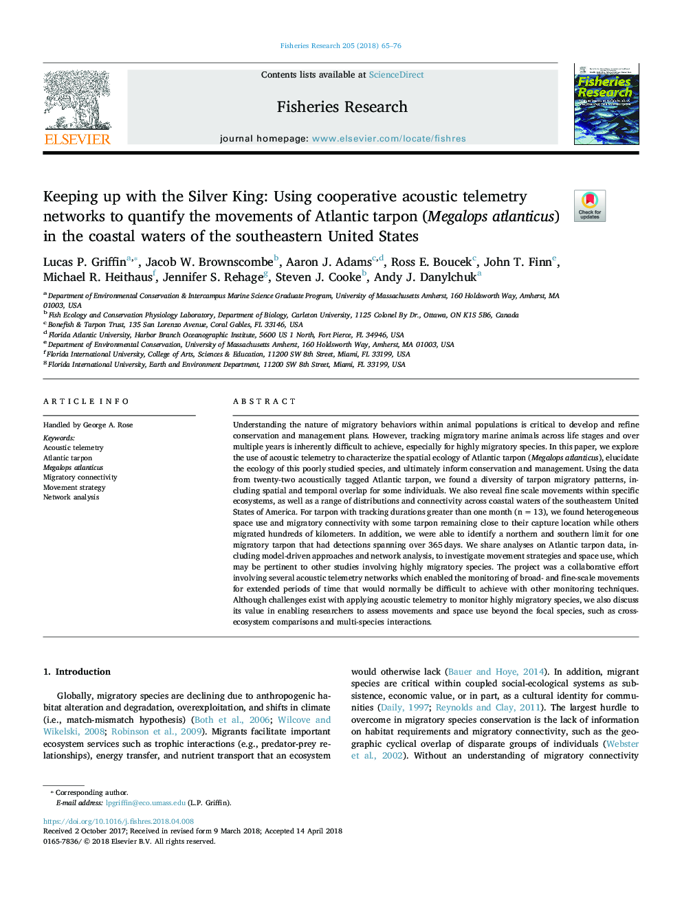 عکس صفحه اول مقاله: Keeping up with the Silver King: Using cooperative acoustic telemetry networks to quantify the movements of Atlantic tarpon (Megalops atlanticus) in the coastal waters of the southeastern United States Keeping up with the Silver King: Using cooperative acoustic telemetry networks to quantify the movements of Atlantic tarpon (Megalops atlanticus) in the coastal waters of the southeastern United States