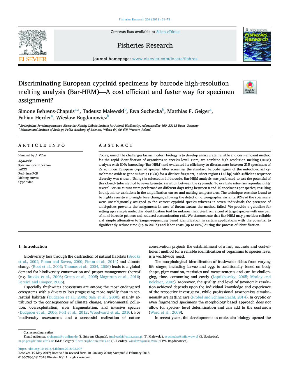 Discriminating European cyprinid specimens by barcode high-resolution melting analysis (Bar-HRM)-A cost efficient and faster way for specimen assignment?