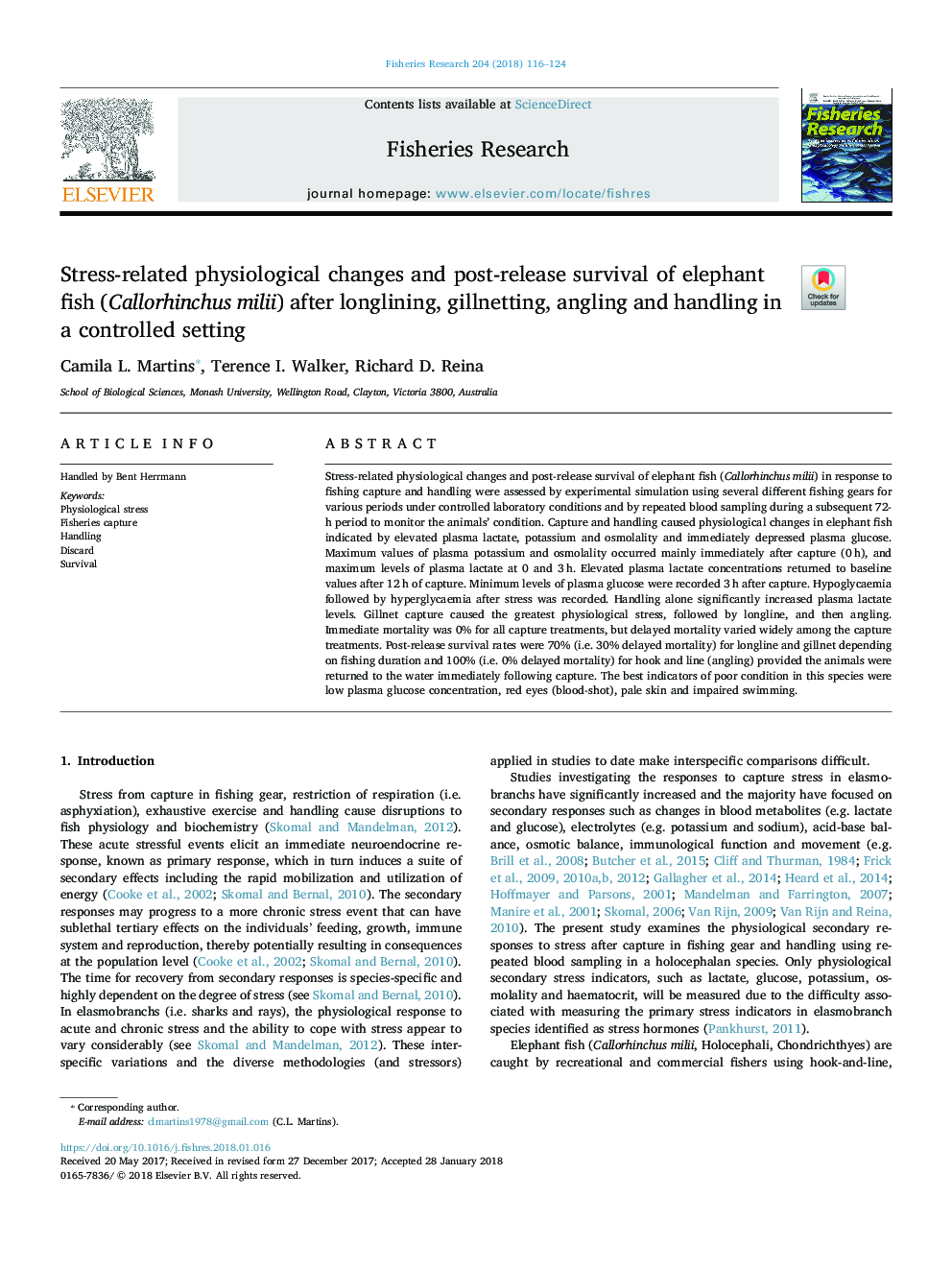 Stress-related physiological changes and post-release survival of elephant fish (Callorhinchus milii) after longlining, gillnetting, angling and handling in a controlled setting