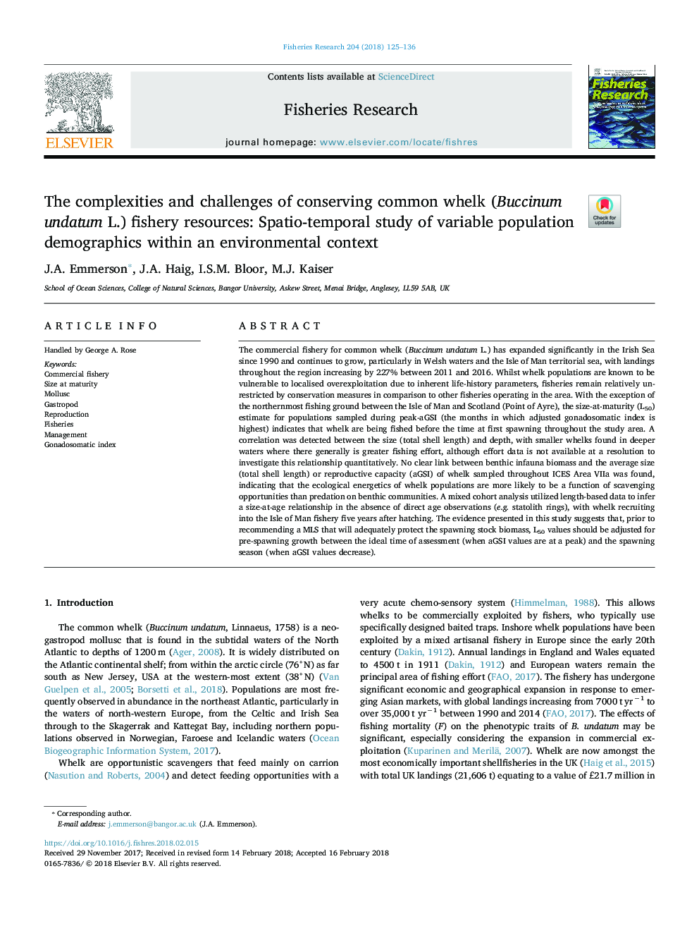 The complexities and challenges of conserving common whelk (Buccinum undatum L.) fishery resources: Spatio-temporal study of variable population demographics within an environmental context