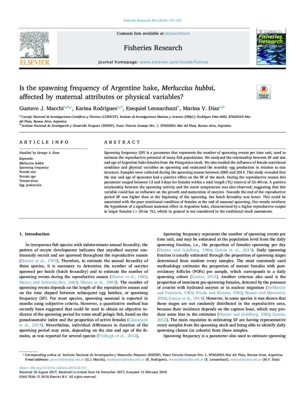 Is the spawning frequency of Argentine hake, Merluccius hubbsi, affected by maternal attributes or physical variables?