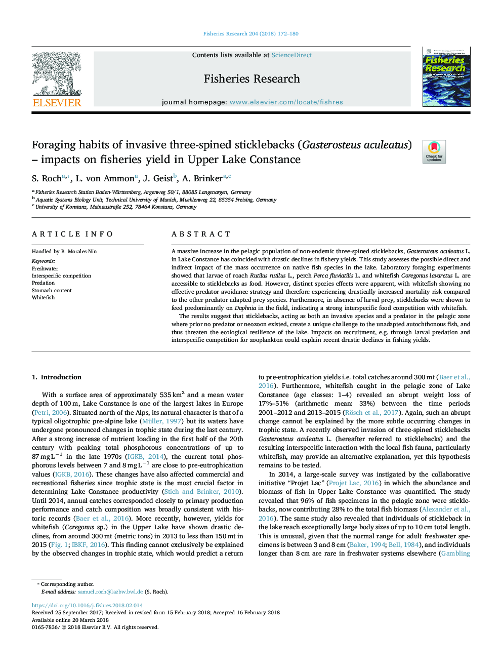 Foraging habits of invasive three-spined sticklebacks (Gasterosteus aculeatus) - impacts on fisheries yield in Upper Lake Constance