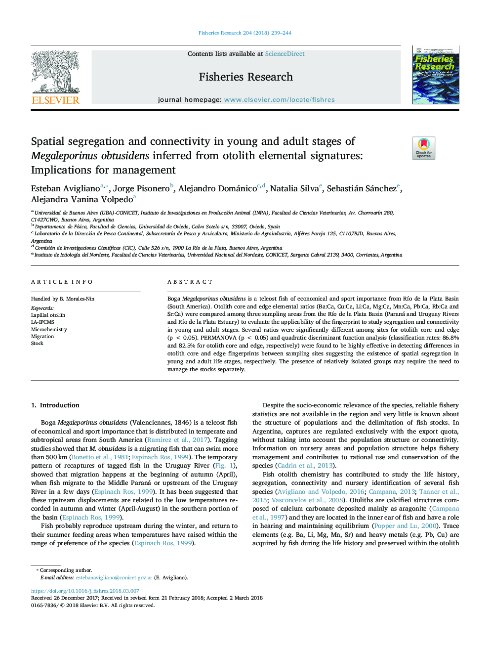 Spatial segregation and connectivity in young and adult stages of Megaleporinus obtusidens inferred from otolith elemental signatures: Implications for management