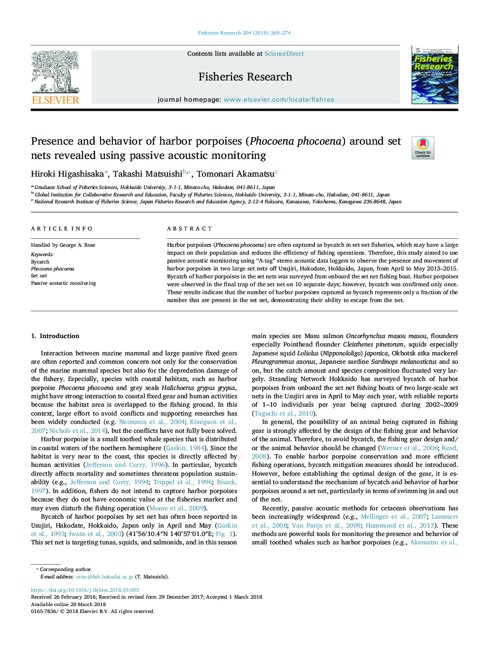 عکس صفحه اول مقاله: Presence and behavior of harbor porpoises (Phocoena phocoena) around set nets revealed using passive acoustic monitoring Presence and behavior of harbor porpoises (Phocoena phocoena) around set nets revealed using passive acoustic monitoring
