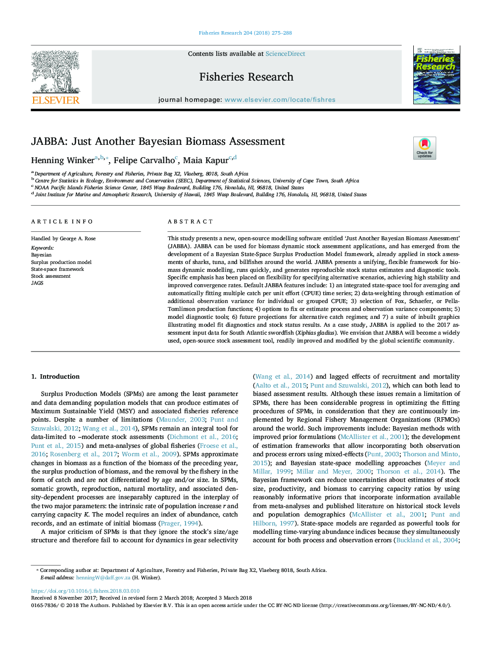 JABBA: Just Another Bayesian Biomass Assessment