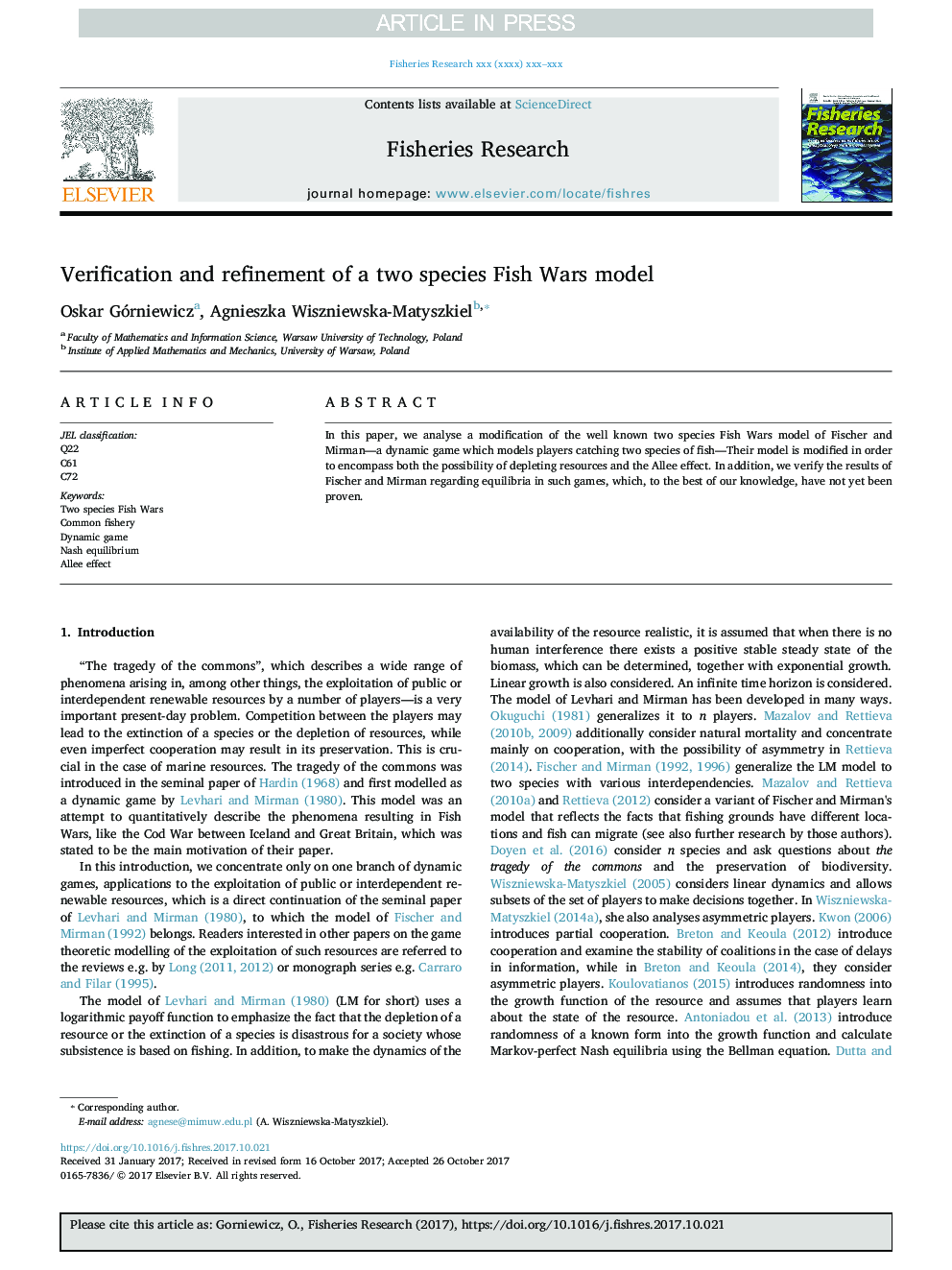 Verification and refinement of a two species Fish Wars model