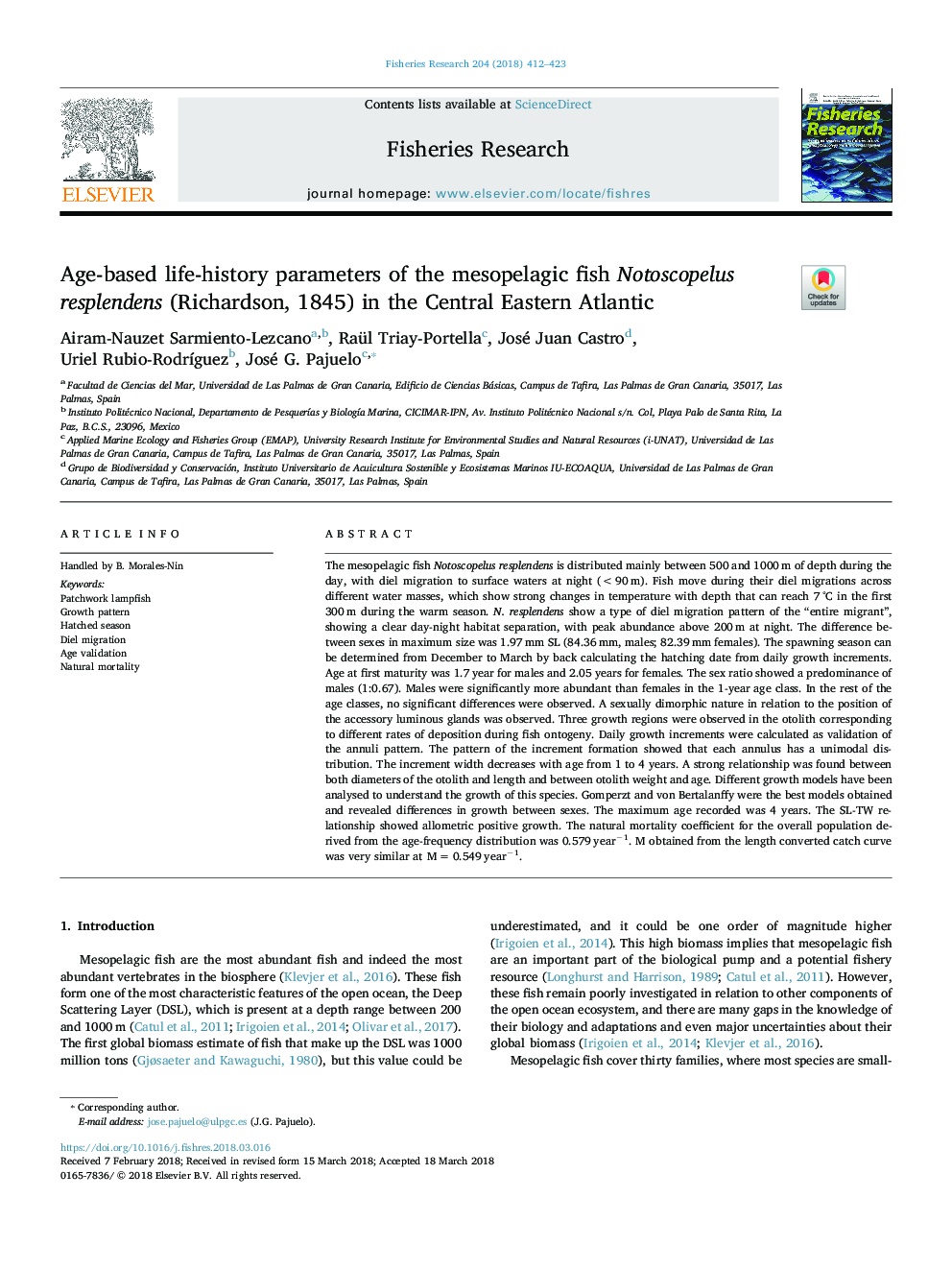 Age-based life-history parameters of the mesopelagic fish Notoscopelus resplendens (Richardson, 1845) in the Central Eastern Atlantic