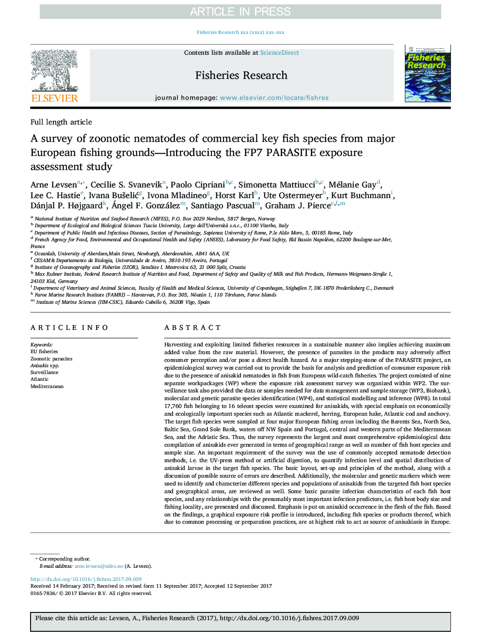 A survey of zoonotic nematodes of commercial key fish species from major European fishing grounds-Introducing the FP7 PARASITE exposure assessment study