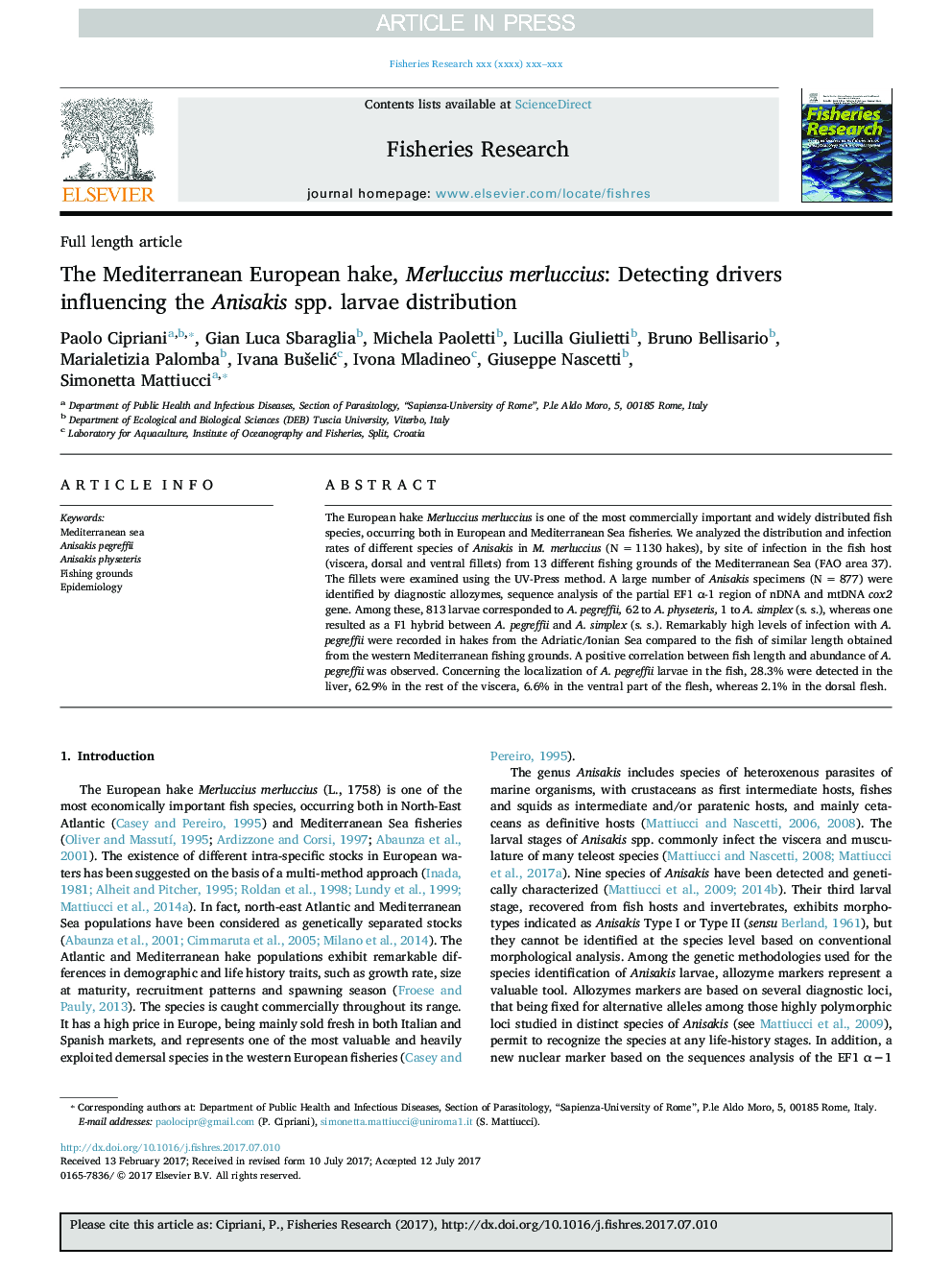 The Mediterranean European hake, Merluccius merluccius: Detecting drivers influencing the Anisakis spp. larvae distribution
