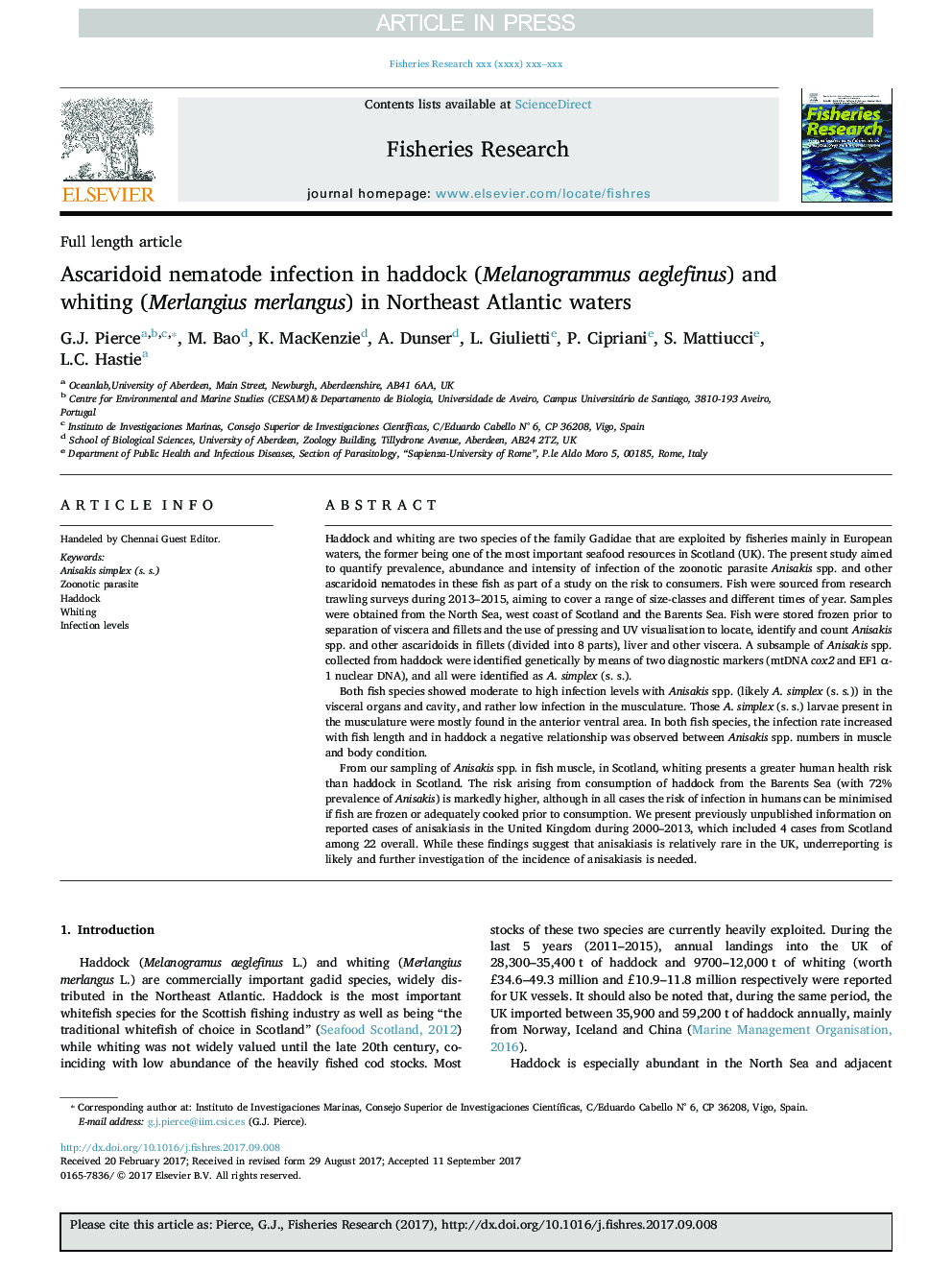 Ascaridoid nematode infection in haddock (Melanogrammus aeglefinus) and whiting (Merlangius merlangus) in Northeast Atlantic waters