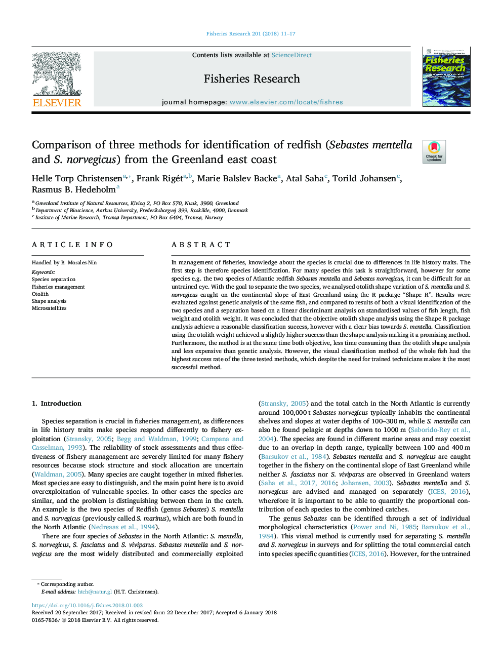 Comparison of three methods for identification of redfish (Sebastes mentella and S. norvegicus) from the Greenland east coast