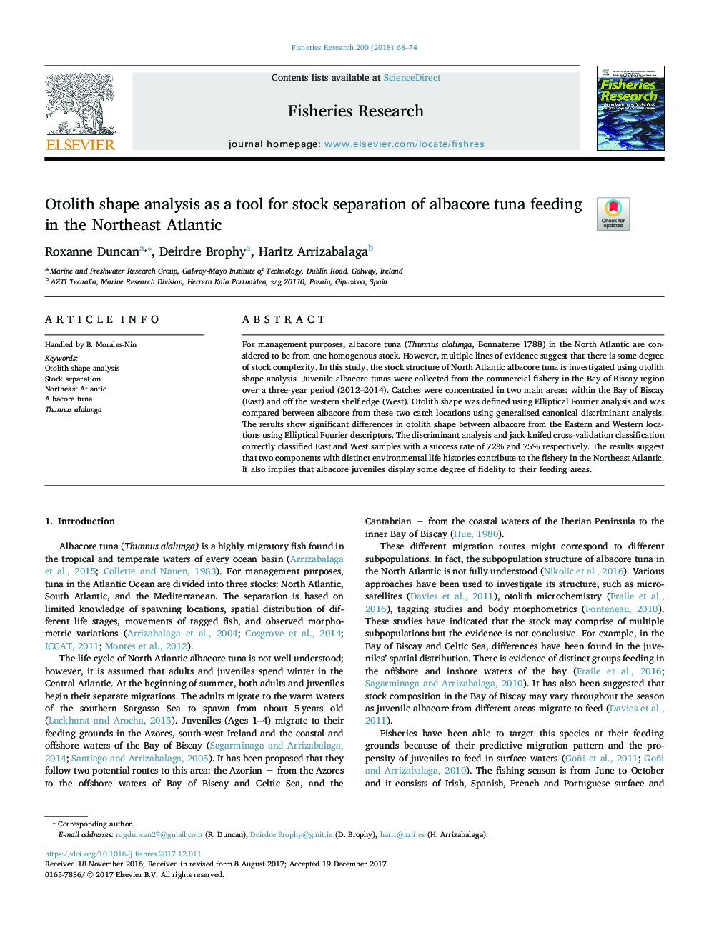 Otolith shape analysis as a tool for stock separation of albacore tuna feeding in the Northeast Atlantic