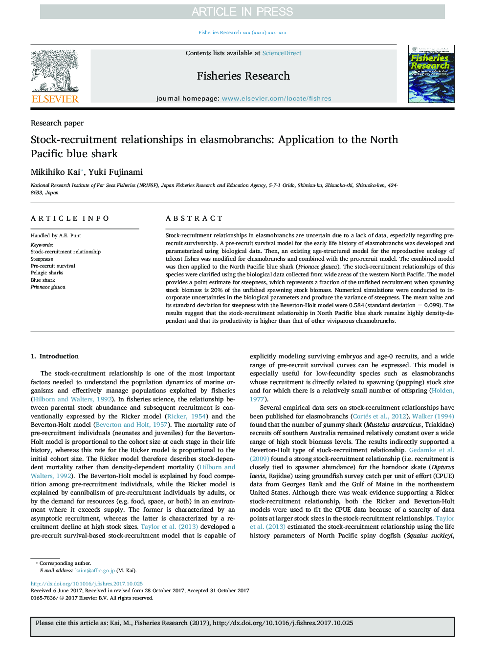 Stock-recruitment relationships in elasmobranchs: Application to the North Pacific blue shark