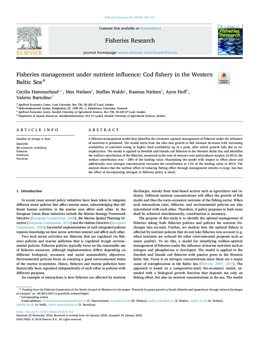 Fisheries management under nutrient influence: Cod fishery in the Western Baltic Sea