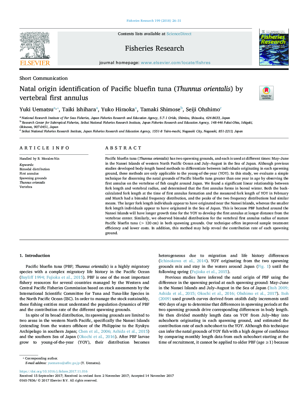 Natal origin identification of Pacific bluefin tuna (Thunnus orientalis) by vertebral first annulus