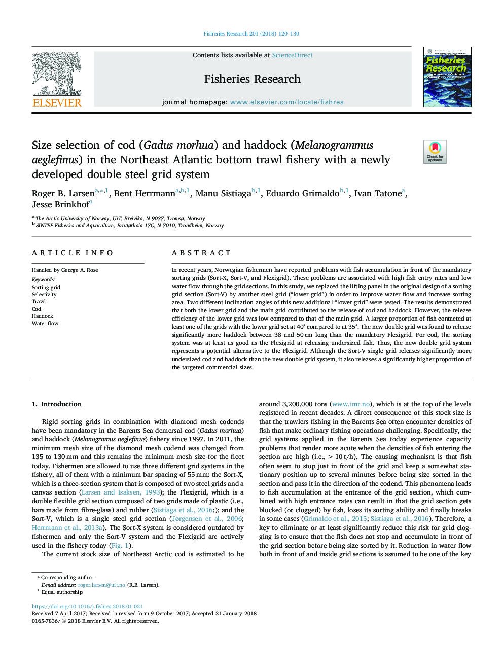 Size selection of cod (Gadus morhua) and haddock (Melanogrammus aeglefinus) in the Northeast Atlantic bottom trawl fishery with a newly developed double steel grid system