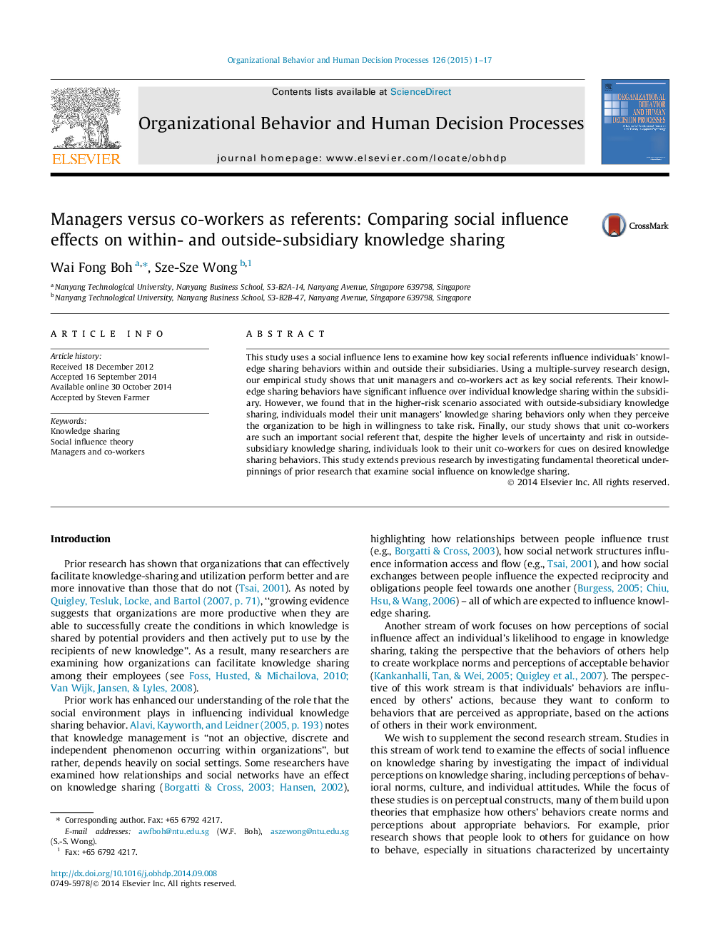 Managers versus co-workers as referents: Comparing social influence effects on within- and outside-subsidiary knowledge sharing