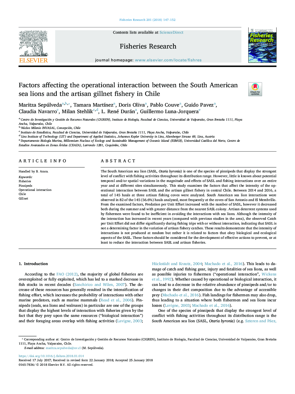 Factors affecting the operational interaction between the South American sea lions and the artisan gillnet fishery in Chile