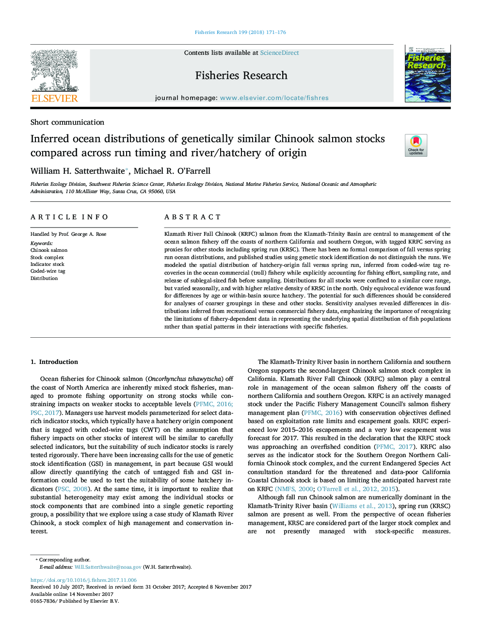 Inferred ocean distributions of genetically similar Chinook salmon stocks compared across run timing and river/hatchery of origin