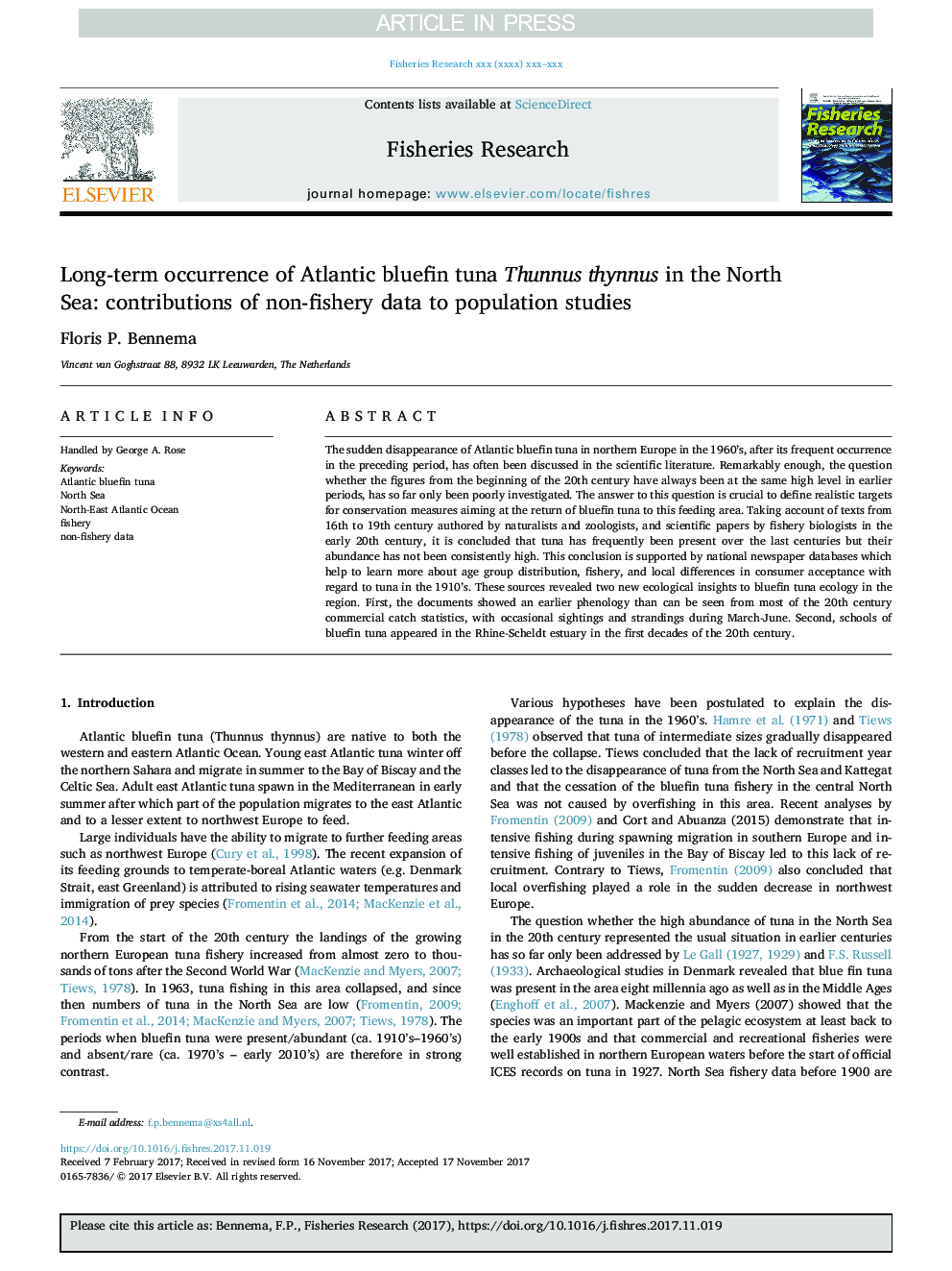 Long-term occurrence of Atlantic bluefin tuna Thunnus thynnus in the North Sea: contributions of non-fishery data to population studies