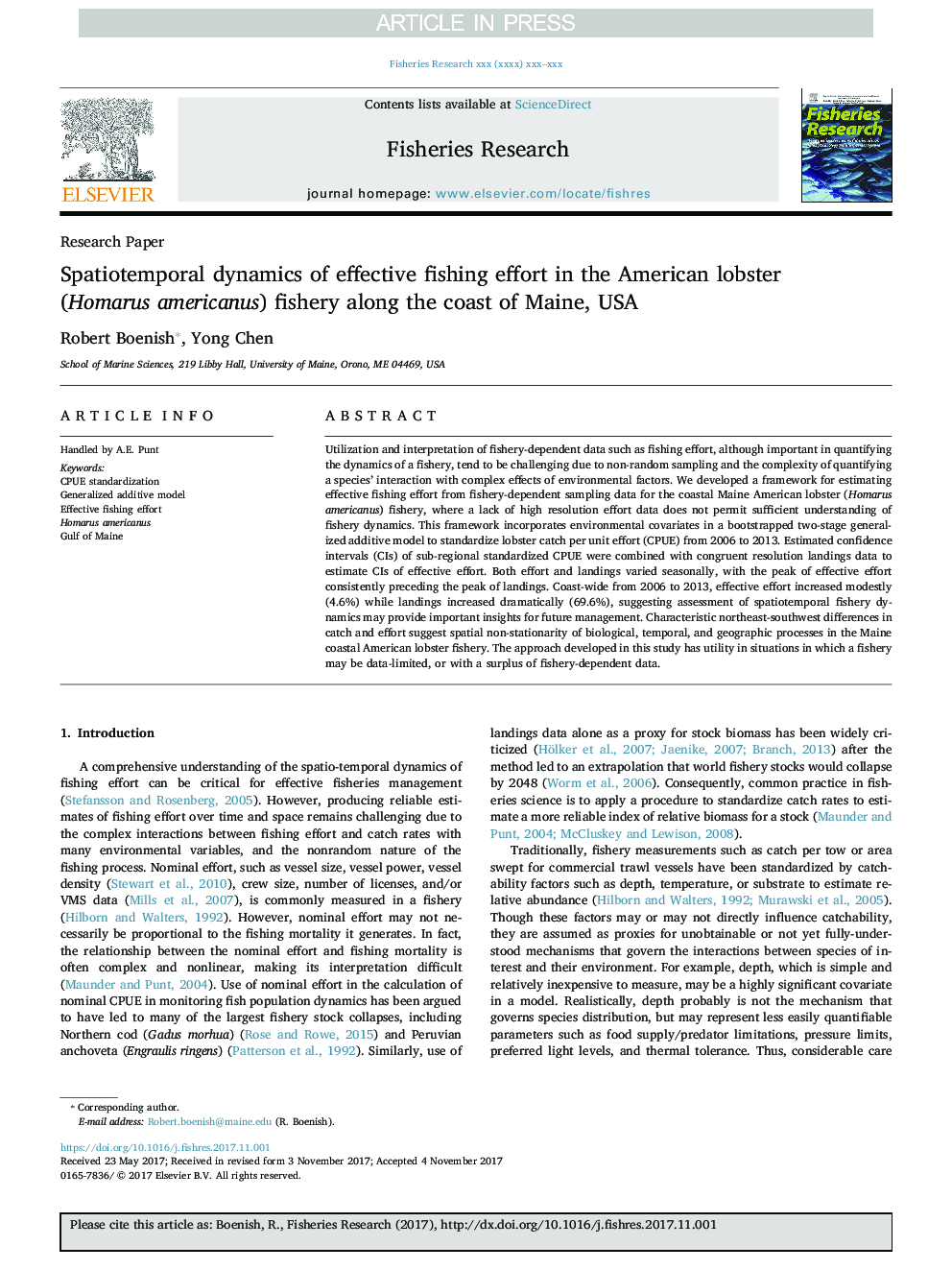 Spatiotemporal dynamics of effective fishing effort in the American lobster (Homarus americanus) fishery along the coast of Maine, USA