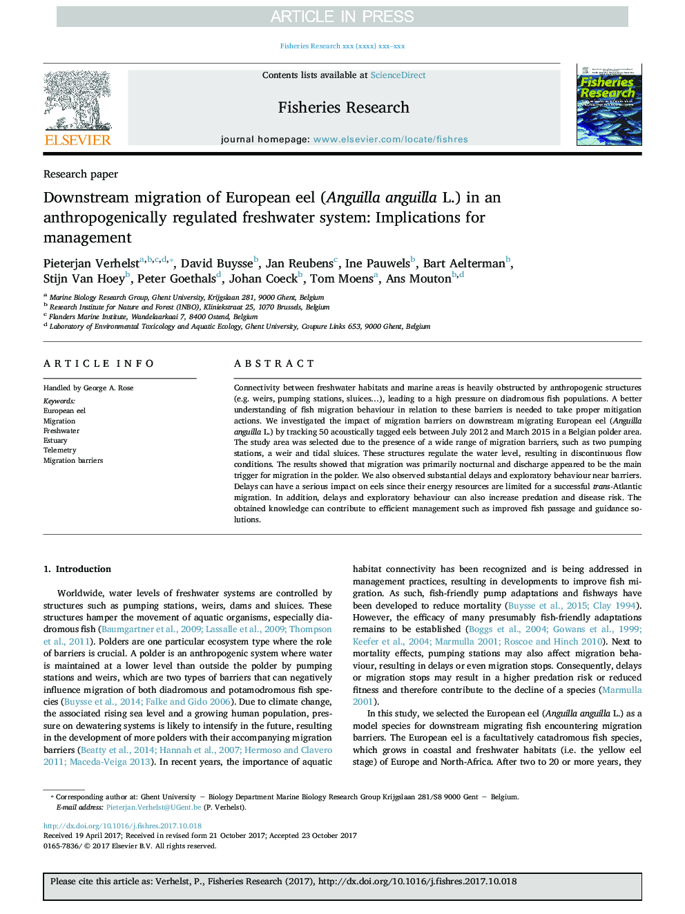 Downstream migration of European eel (Anguilla anguilla L.) in an anthropogenically regulated freshwater system: Implications for management