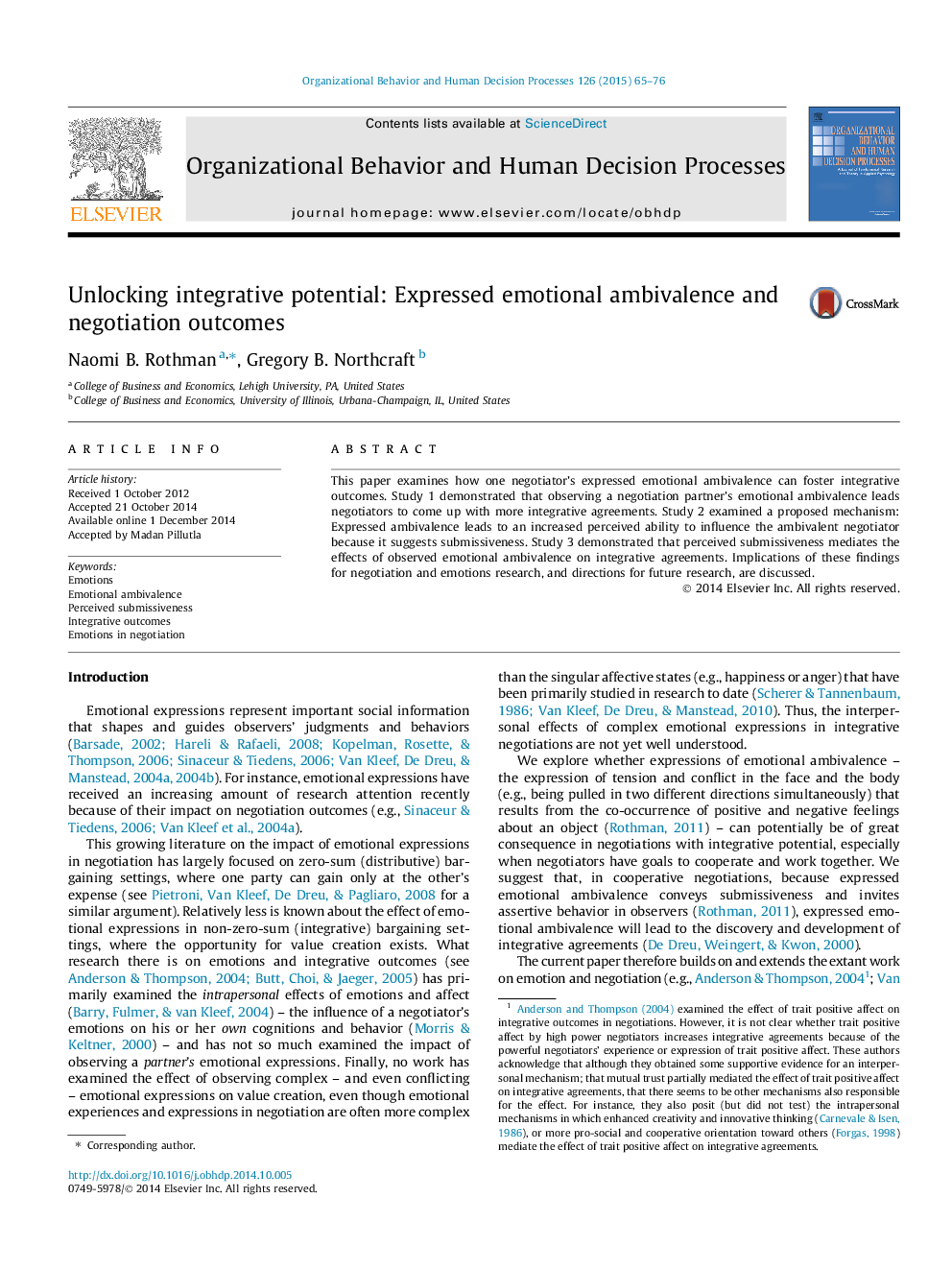 Unlocking integrative potential: Expressed emotional ambivalence and negotiation outcomes