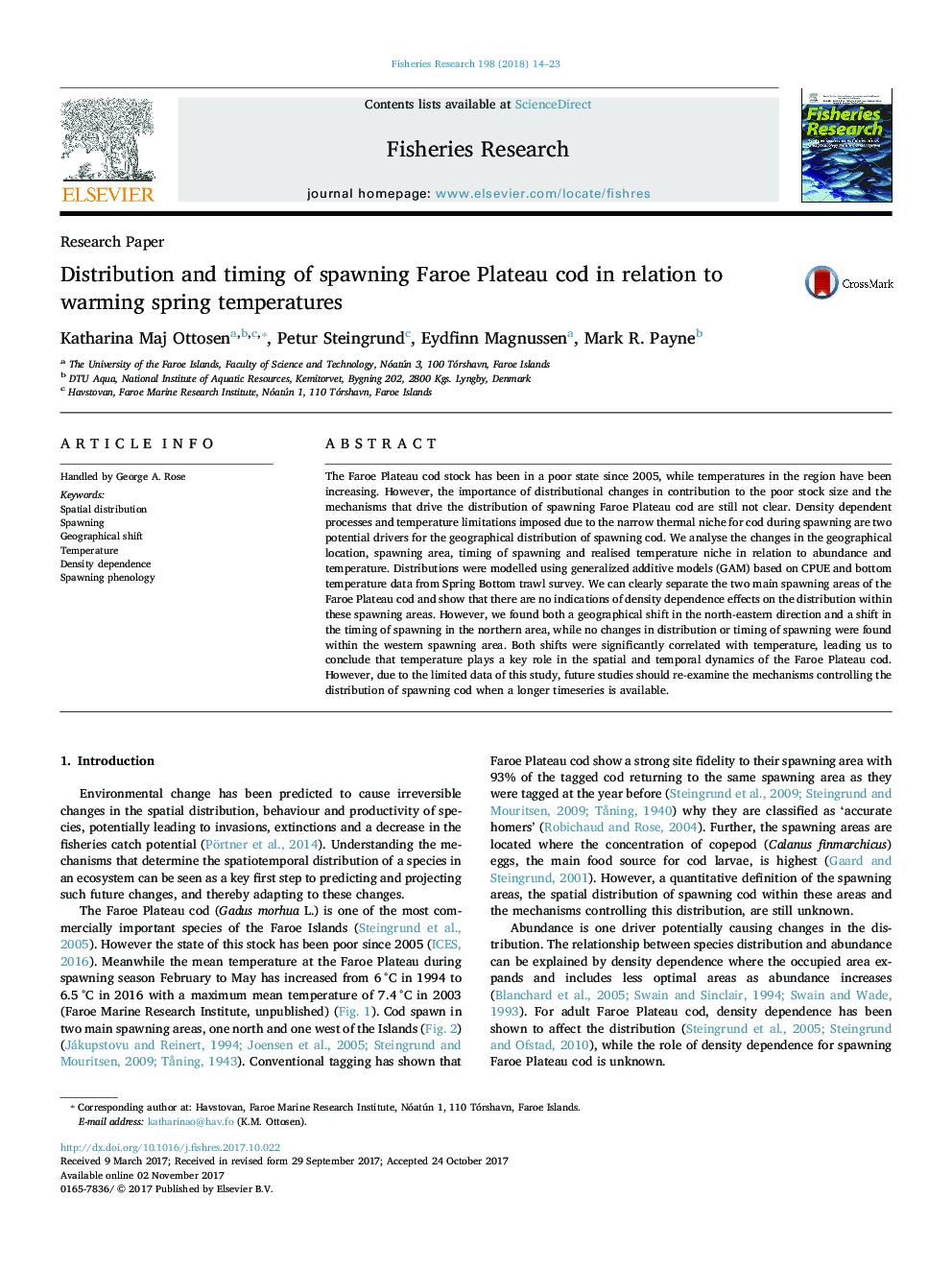 Distribution and timing of spawning Faroe Plateau cod in relation to warming spring temperatures