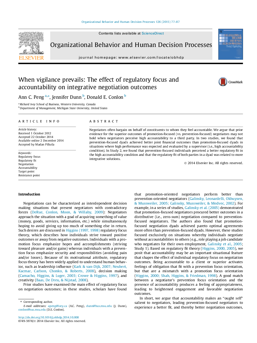 When vigilance prevails: The effect of regulatory focus and accountability on integrative negotiation outcomes