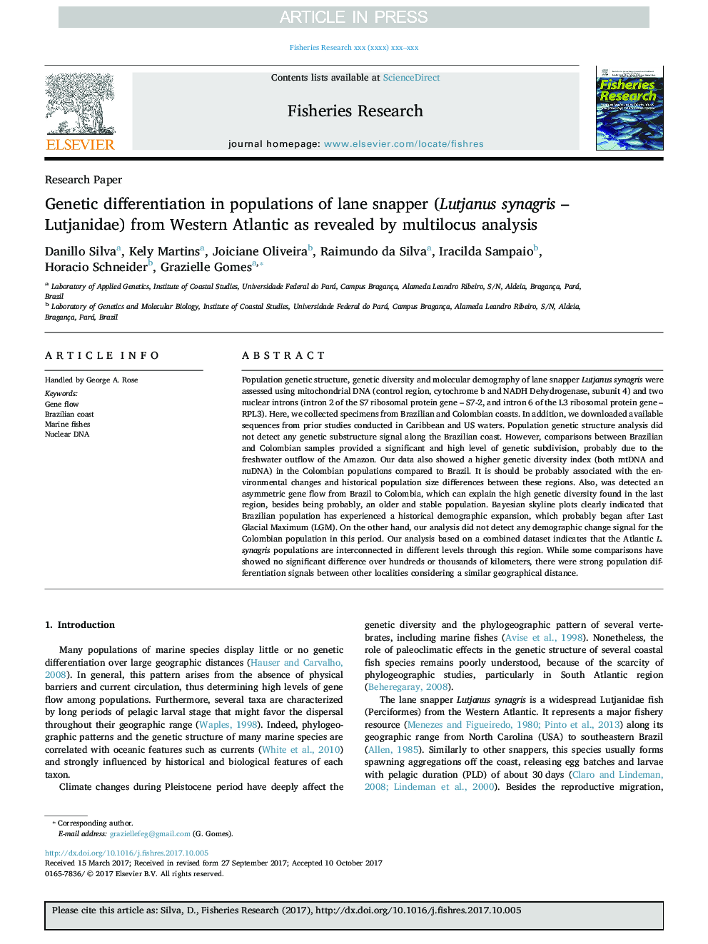 عکس صفحه اول مقاله: Genetic differentiation in populations of lane snapper (Lutjanus synagris - Lutjanidae) from Western Atlantic as revealed by multilocus analysis Genetic differentiation in populations of lane snapper (Lutjanus synagris - Lutjanidae) from Western Atlantic as revealed by multilocus analysis