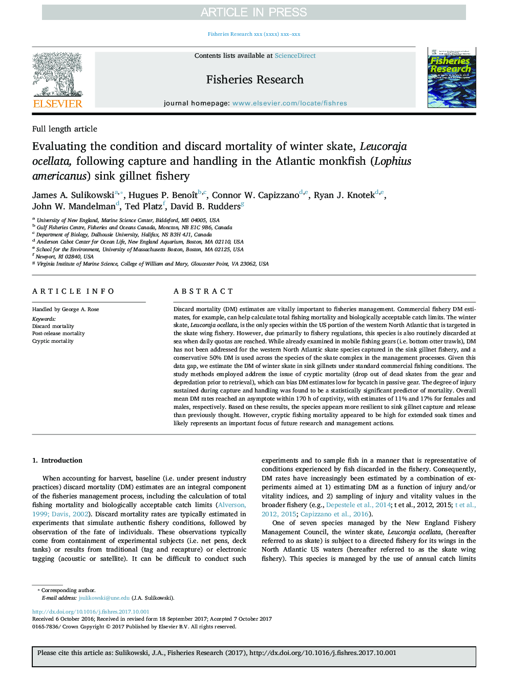 Evaluating the condition and discard mortality of winter skate, Leucoraja ocellata, following capture and handling in the Atlantic monkfish (Lophius americanus) sink gillnet fishery