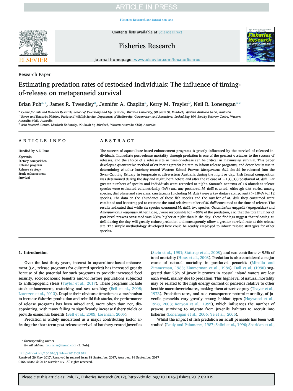 Estimating predation rates of restocked individuals: The influence of timing-of-release on metapenaeid survival