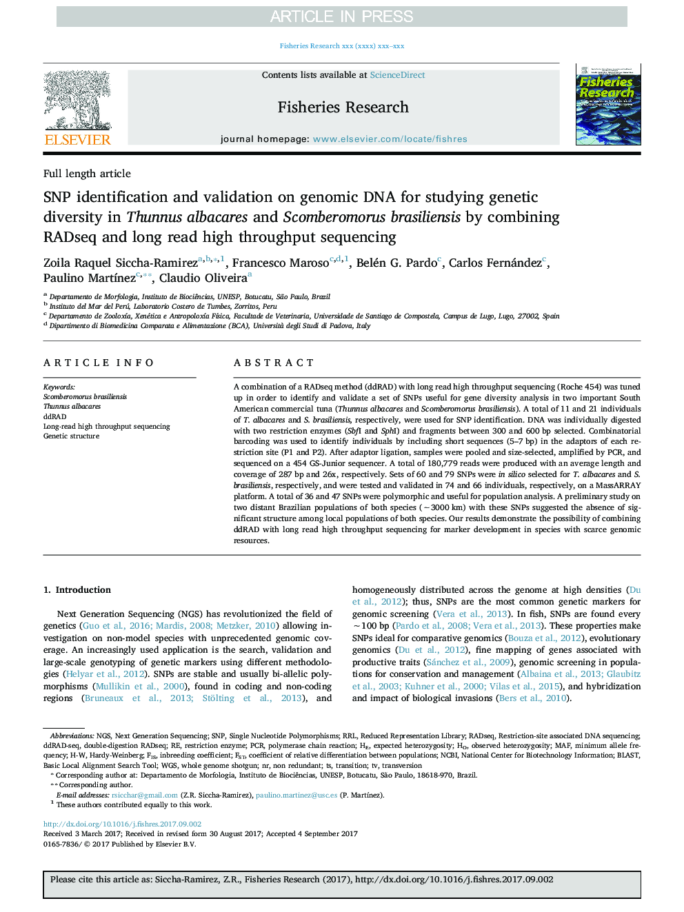 SNP identification and validation on genomic DNA for studying genetic diversity in Thunnus albacares and Scomberomorus brasiliensis by combining RADseq and long read high throughput sequencing