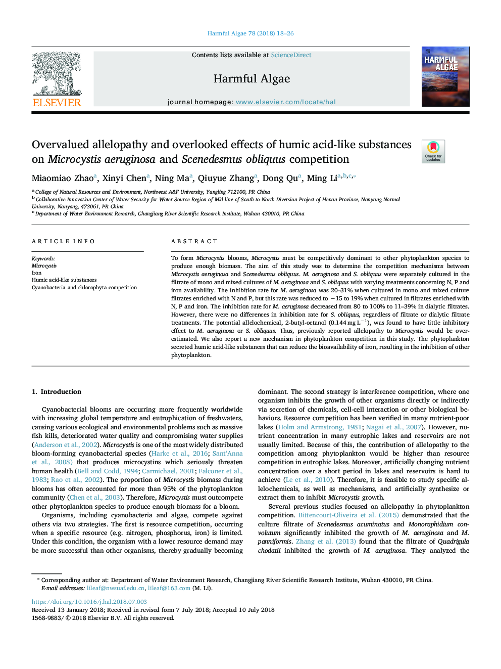 Overvalued allelopathy and overlooked effects of humic acid-like substances on Microcystis aeruginosa and Scenedesmus obliquus competition