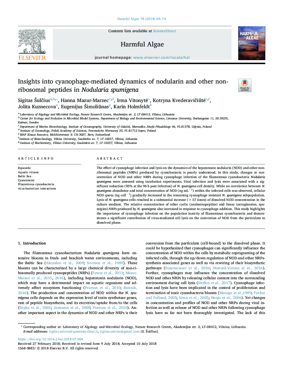 Insights into cyanophage-mediated dynamics of nodularin and other non-ribosomal peptides in Nodularia spumigena